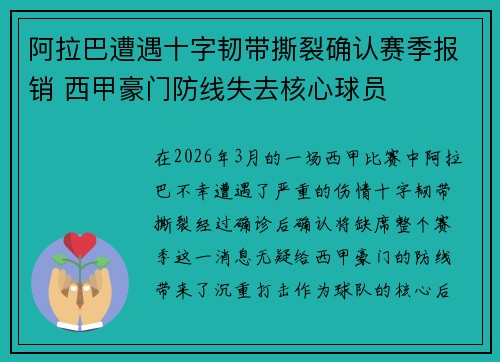 阿拉巴遭遇十字韧带撕裂确认赛季报销 西甲豪门防线失去核心球员